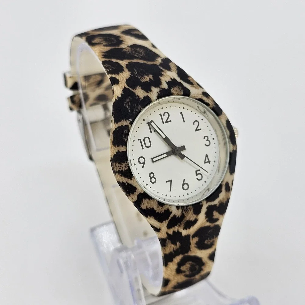 Women's Analog Watch 34MM White Dial Leopard Plastic Bands NEW Battery